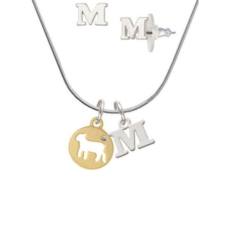Gold Tone Lamb Silhouette – M Initial Charm Necklace and Stud Earrings Jewelry Set