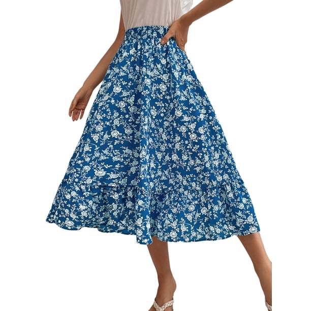 VISgogo Falda larga para mujer, cintura elástica, estampado floral, volantes, dobladillo grande, línea A, faldas casuales, S/M/L/XL VISgogo moda