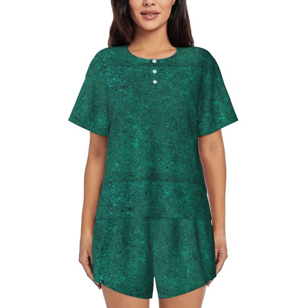 Balery Teal Marble Conjunto de Pijama para Mujer con Estampado, Dos Piezas de Manga Corta y Shorts, Ropa de Dormir Suave con Cuello Redondo y Bolsillos-Medium