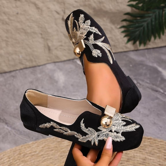 BXSRUTA Women's Plus Size Embroidered Flat Loafers Soft Soled Casual Shoes with Metal Decoration Low Heel Comfort Spring Summer