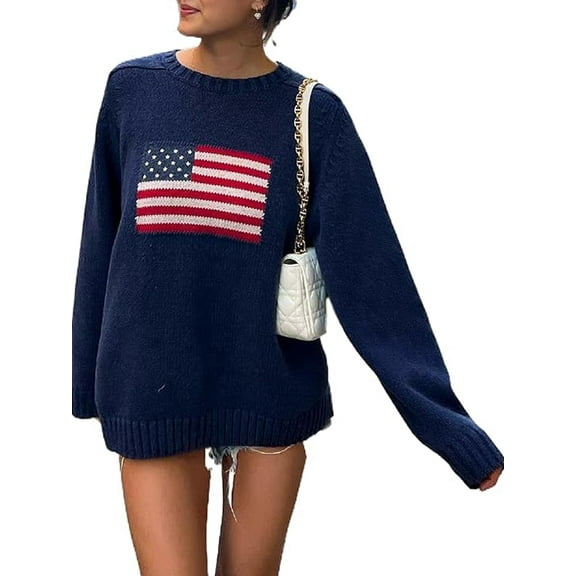 Women Vintage Loose Casual Sweater Long Sleeve Crew Neck USA Flag Print Knit Pullover Knitwear Fall Streetwear