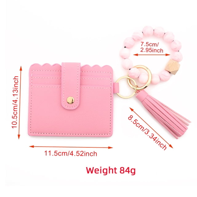 Women Keychain Bag with Tassel Wallet Fashion Key Chain Snap Button Card Holder Bangle Bracelet Keyring Pendant Accessory Light Pink