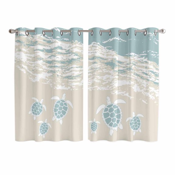 Blue Coastal Sea Turtle Kitchen Curtains Window Panels, Summer Beach Ocean Abstract Art Insulated Window Treatment Curtain, Grommet Curtains for Bedroom/Living Room/Bathroom, 2 Piece 52"Wx63"L