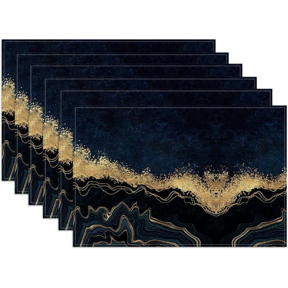 Abstract Navy Blue Marble Placemats Set of 6, Linen Place Mat Washable Stain Resistant Table Mats for Farmhouse Kitchen Dining Holiday Party Wedding Decor 12x18 Inch