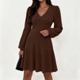 thumbnail image 4 of Karymi Maxi Dresses for Women Brushed Ribbed Knit Mini Dress Deep V Neck Lantern Long Sleeve High Waist Flared Ruffle Hem Casual Fall Short Dress, 4 of 8