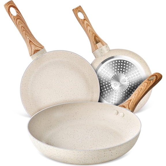 MICHELANGELO Granite Frying Pans, 8 Inch, 9.5 Inch and 11 Inch Nonstick Frying Pan Set with Anti-Scald Handle, White