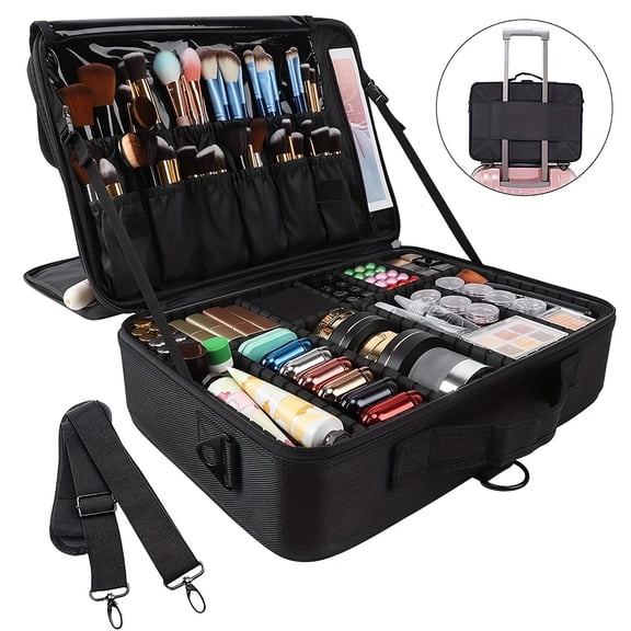 15.8 Inches Large Professional Makeup Case - Travel Cosmetic Organizer with Adjustable Dividers & Shoulder Strap, Brush Holder for Cosmetics/Jewelry/Digital Accessories/Toiletries