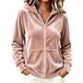 thumbnail image 2 of IUYRTFE Women Velour Zip Up Hooded Jacket Long Sleeve Casual Winter Coat with Pockets, 2 of 5