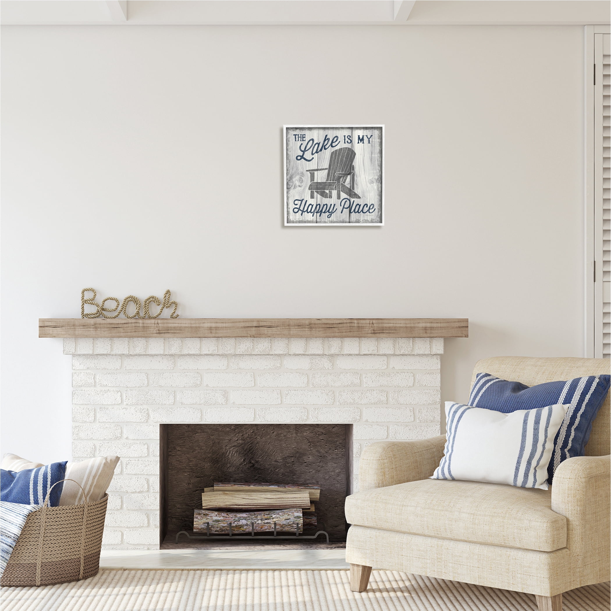 Stupell Industries Happy Place Lake Phrase Inspirational Painting White Framed Art Print Wall Art, 17 x 17