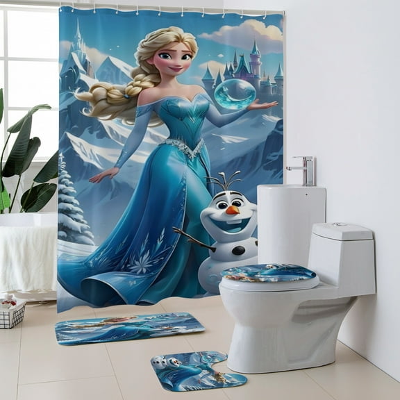 Frozen 3 Polyester Bath 4-Piece—Shower curtain, toilet mat two floor mats.