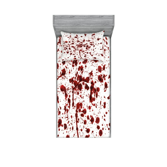 Ambesonne Bloody Fitted Sheet & Pillow Sham Set, Splashes of Blood Scary, Twin, Red White