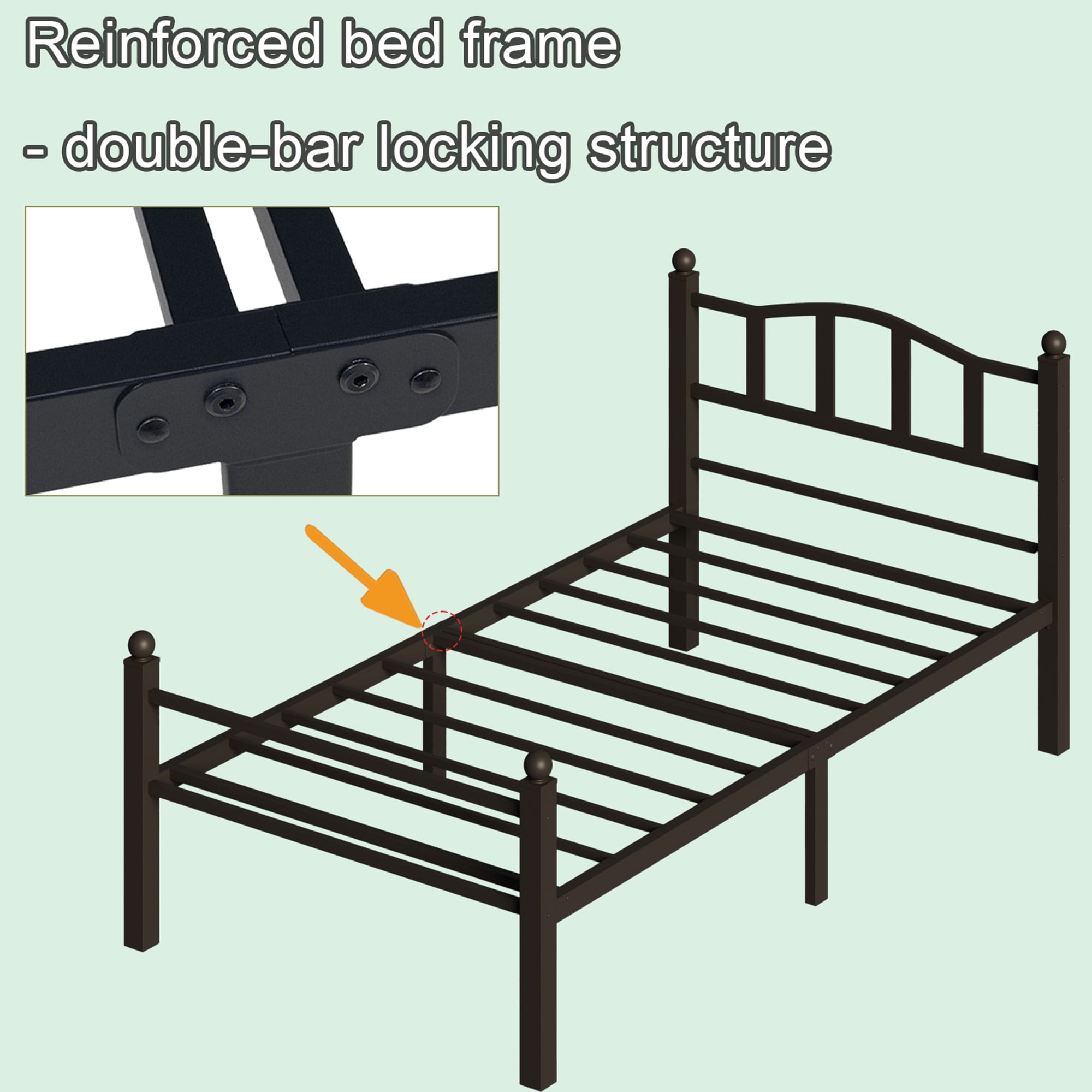S.Tcak Metal Twin Size Bed Frame with Headboard, Heavy Duty, 12in Under Bed Storage, Easy Assembly, Black