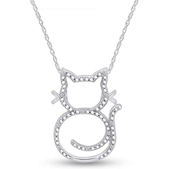 1/20 Carat (Cttw) Round Shape Natural Diamond Accent Cat Pendant Necklace in 14K White Gold Over Sterling Silver