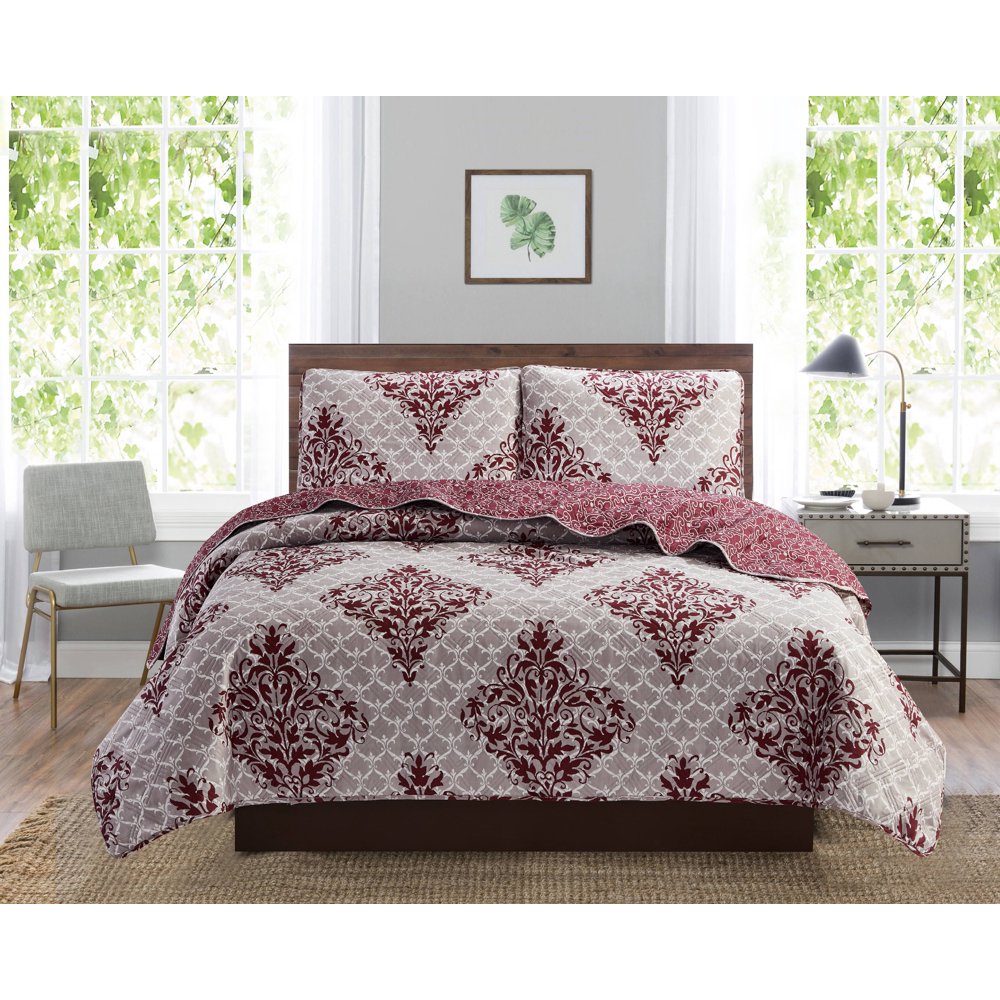 Juliet 3 Piece Reversible Quilt Bedspread Set Burgundy Damask