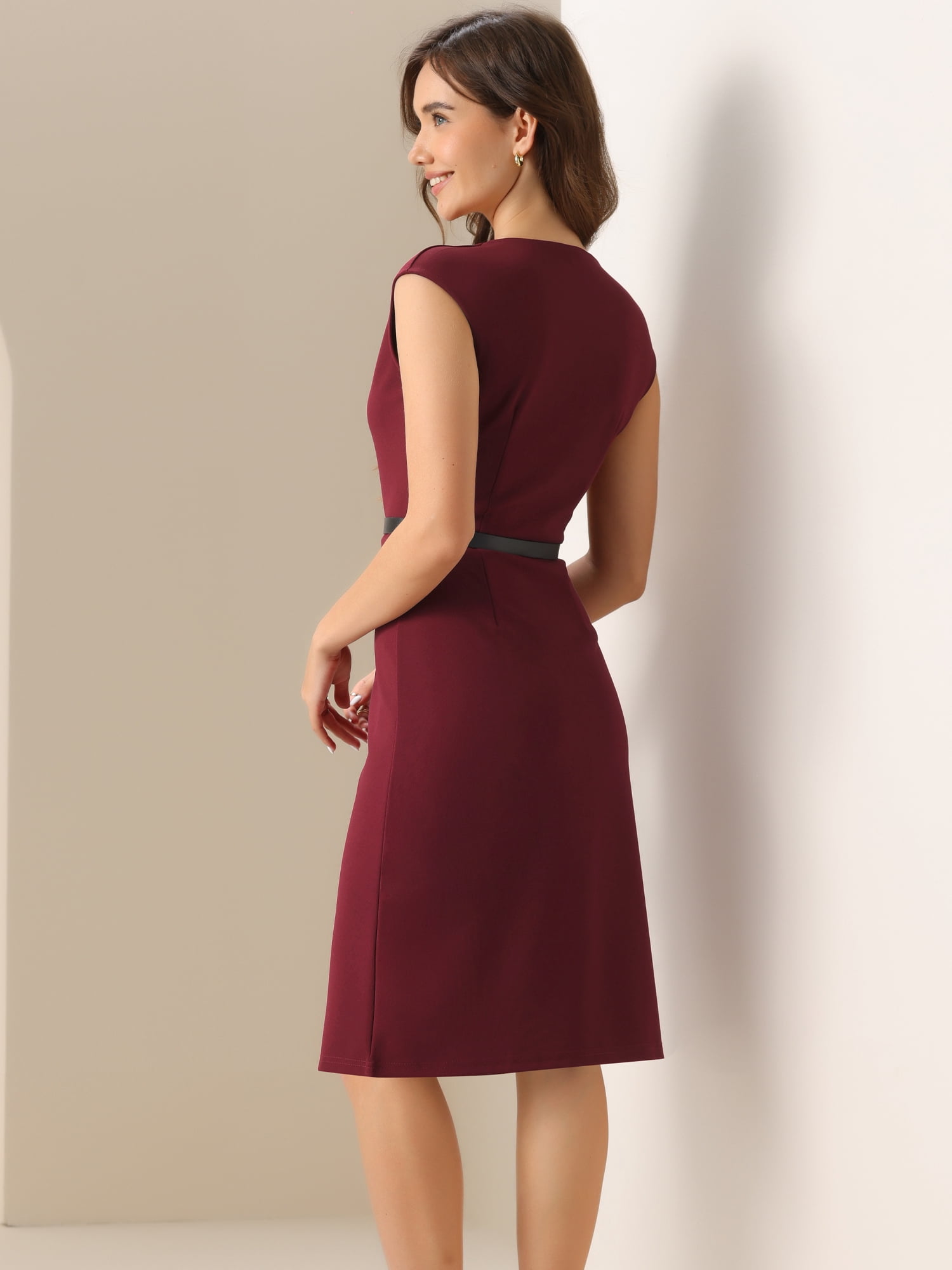 DARING DIVA Elegant Round Neck Cap Sleeve Belted Work Sheath Dresses S Burgundy