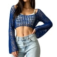 thumbnail image 3 of Lumtrix Crochet Crop Tops for Women Y2k Hollow Out Crochet Shrug Sweater Long Sleeve Going Out See Through Top Shoulder Cover Dark Blue XL, 3 of 7