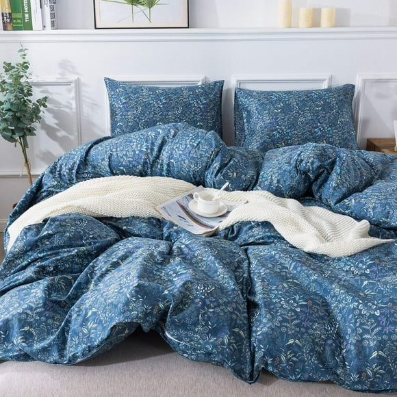 Honeilife Ensemble de Housse de Couette en Coton - Ensemble de Housse de Couette Motif Herbes 100 % Coton, Ensemble de Literie Doux et Respirant avec Fermeture Éclair et Attaches d'Angle, 3 Pcs (1 Housse de Couette + 2 Taies d'Oreiller) - Bleu Noir, Très Grand
