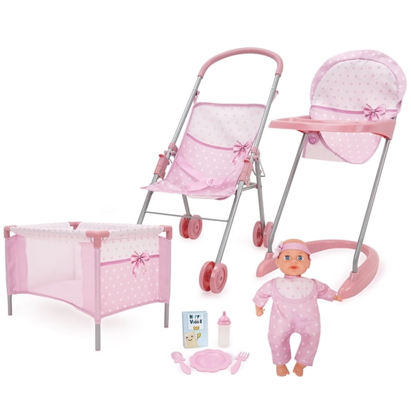 509 Crew: Bow Travel Care n Feed Set & Baby Doll - Pink-White, 9pc On-the-Go Accessories, Highchair-Umbrella Stroller-Play Yard, Roleplay Toy, Kids 3