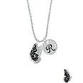 thumbnail image 2 of Delight Jewelry Silvertone Large Black Flying Butterfly Silvertone Script Initial Disc - R - Charm Necklace, 20"+3", 2 of 4