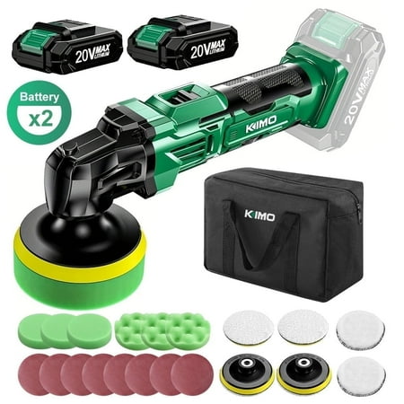 KIMO 20V Cordless Buffer Polisher Kit, 25Pcs Polishing Kit, 6000RPM, 6 Speed Precision, 2Pack Battery, Fast Charger, for Car Detailing/Waxing/Polishing/Buffing