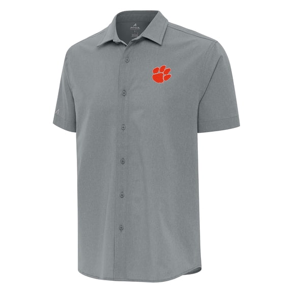 Men's Antigua  Gray Clemson Tigers Activate Woven Short Sleeve Button-Down Shirt