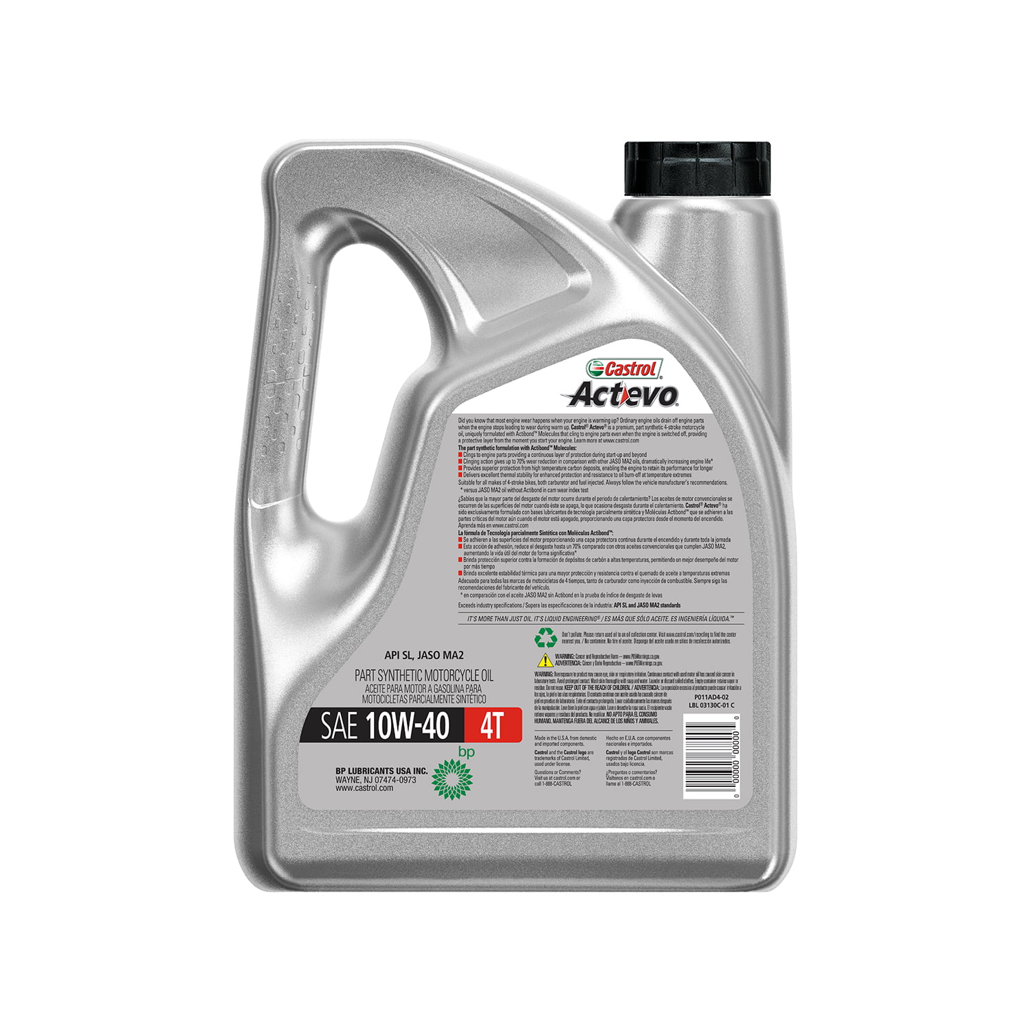 Castrol Actevo 4T 10W-40 Part Synthetic Motorcycle Oil, 1 Gallon - 1