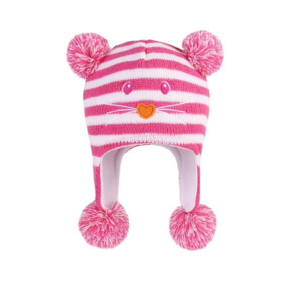 Mikilon Kids Winter Ears-Protection Thermal Hats Fashion Striped Puffball Warm Hats Cute Graphic Print Knitted Hats