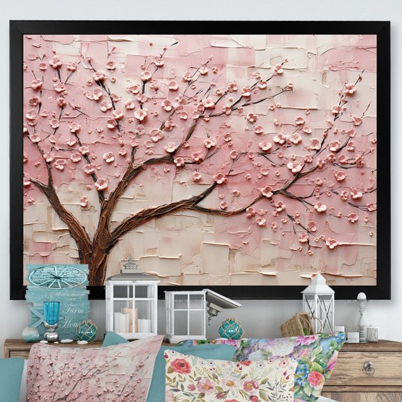 Designart "Pink and White Cherry Blossom Whisper" Floral Framed Wall Art Decor - Traditional Pink Flowers Entryway Framed Wall Art