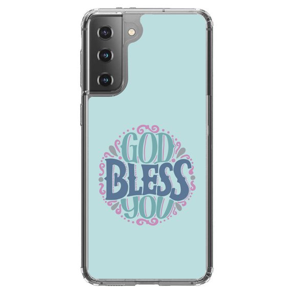 DistinctInk Clear Shockproof Hybrid Case for Galaxy S21  PLUS 5G (6.7" Screen) - TPU Bumper, Acrylic Back, Tempered Glass Screen Protector - God Bless You - Circle Floral