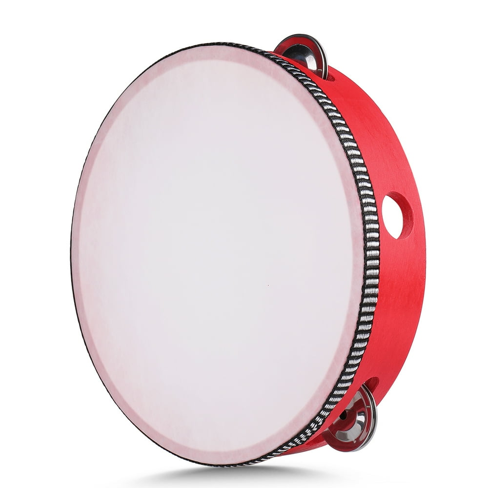 Wood Handheld Tambourine 8" Inch Single Row 5 Pair Jingles (Red) Hand