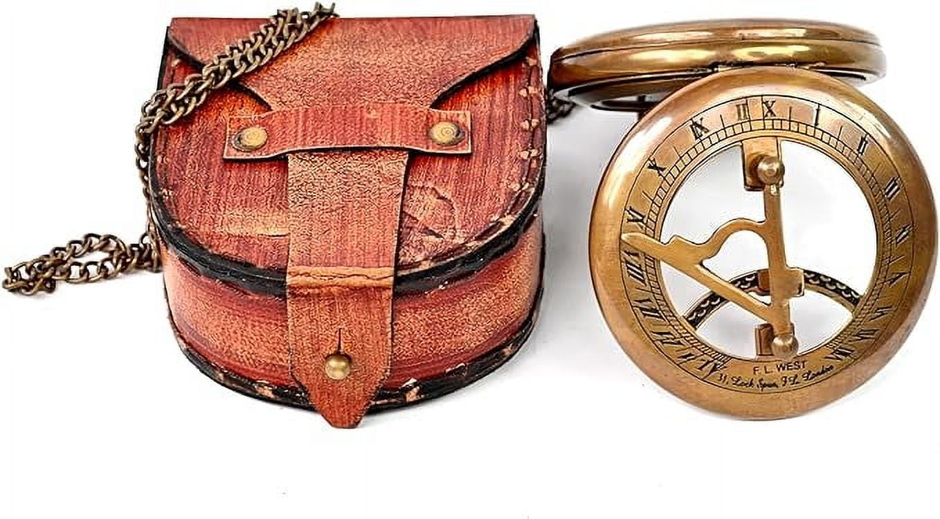 Maritime treasures Instruments Brass Sundial Compass with Leather Case and Chain - Steampunk Accessory - Antiquated Finish - Beautiful Handmade Gift -Sundial Clock (Classic)