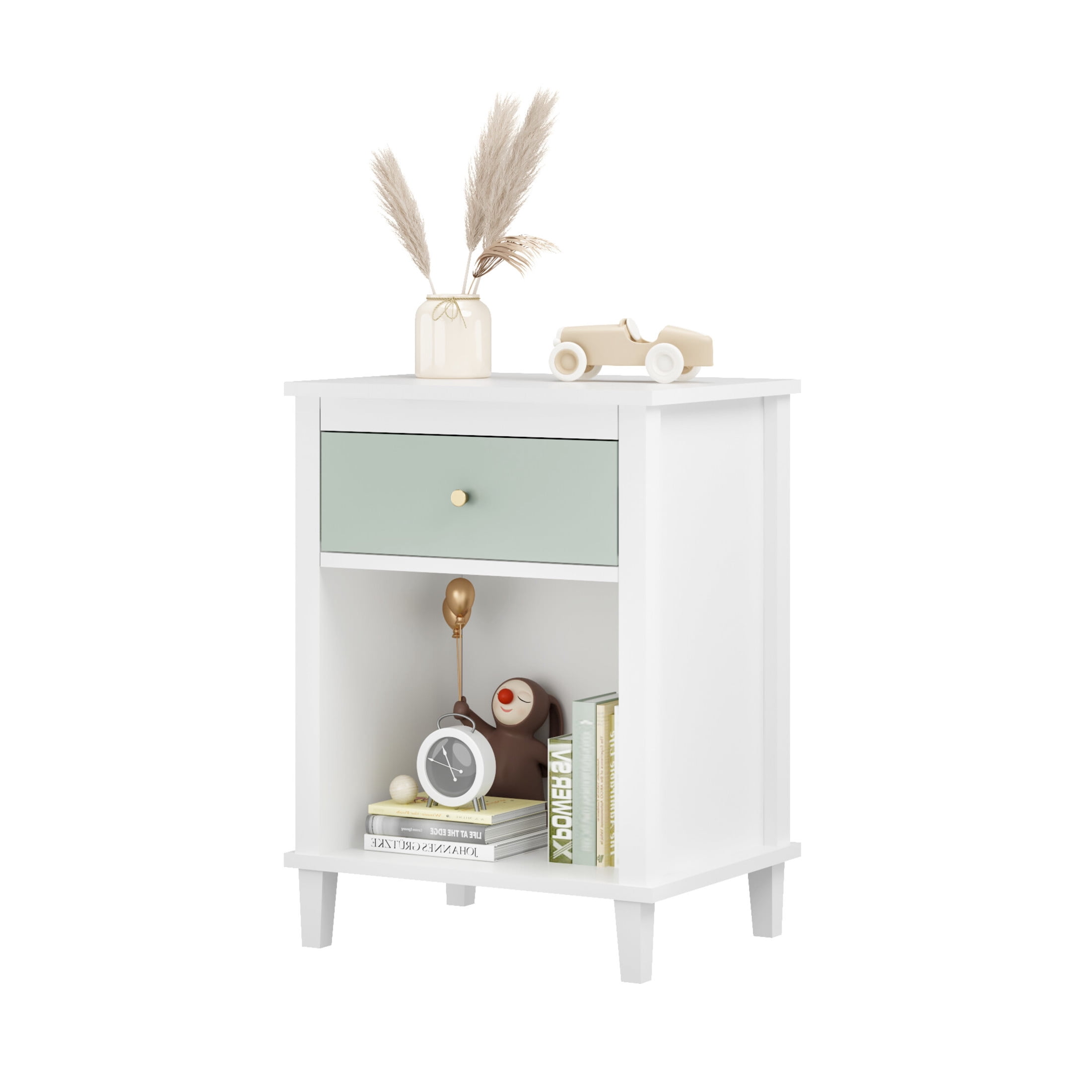 Reina Noble House 26.8" Wooden Nightstand with Drawer & Shelf for Kids' Room, Gold Handle, White & Sage Green