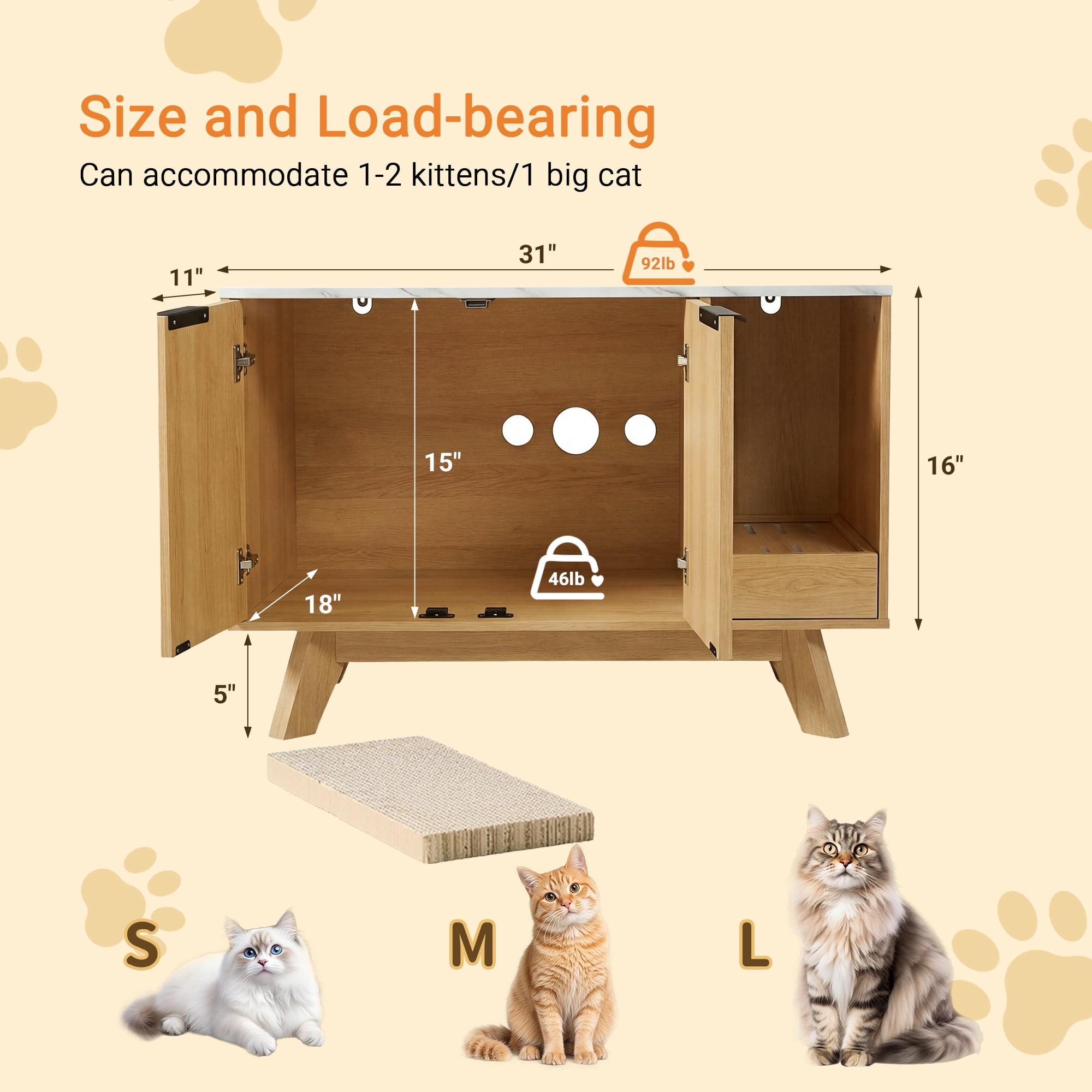 Innovar Home Cat Litter Box Enclosure, 31.5" Large Wooden Hidden Cat Litter Box Furniture,Indoor Cat Washroom for 2 Cats, Dual-Room Cats Cabinet W/Scratching Pad for Living Room Bedroom,Nature Finish