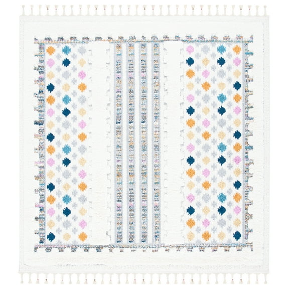 SAFAVIEH Moroccan Fringe Donovan Southwestern Shag Area Rug, Ivory/Grey, 6'7" x 6'7" Square