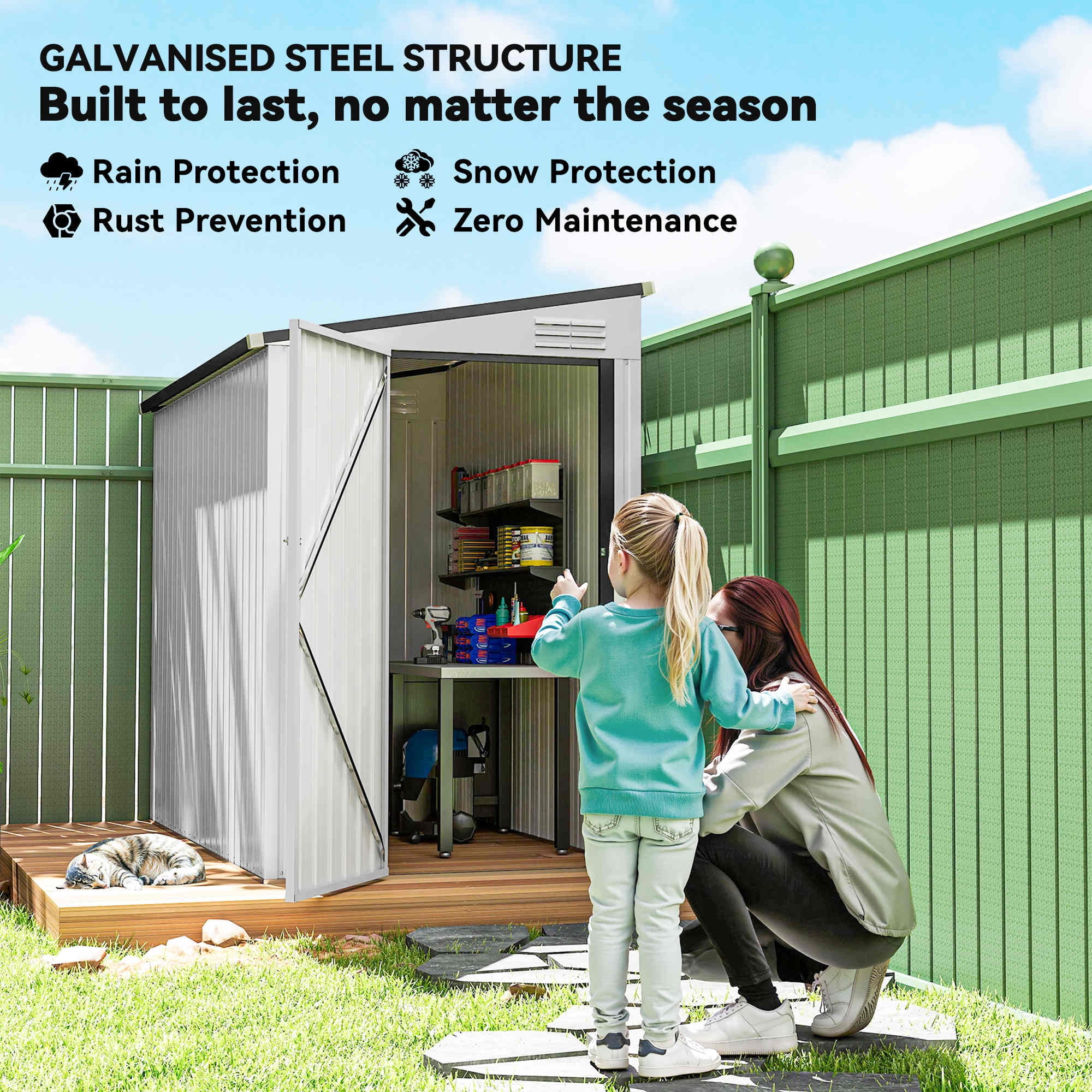 Outsunny Steel Storage Shed with Locking Door, 4'x7.7', White, Galvanized