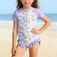 thumbnail image 2 of Girls One Piece Swimsuit, Toddler Swimsuit with Ruffles, Long Sleeve Rashguard Toddler, Half Zip Romper for Summer, Kids Bathing Suit with Ruffle Shorts for Beach Pool, 2 of 9