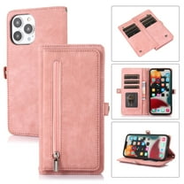 TECH CIRCLE for iPhone 14 Pro 6.1 inch Case,Luxury Business PU Leather Zipper Card Pocket Folding Wallet Holder Shockproof 360 Protection Cover Hand Crossbody Strap.For iPhone 14 Pro,Rosegold