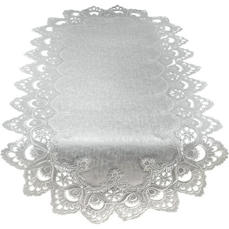 - Doily Boutique Table Runner with Antique White (Winter White) European Lace and Fabric, Size 54 x 15 inches
