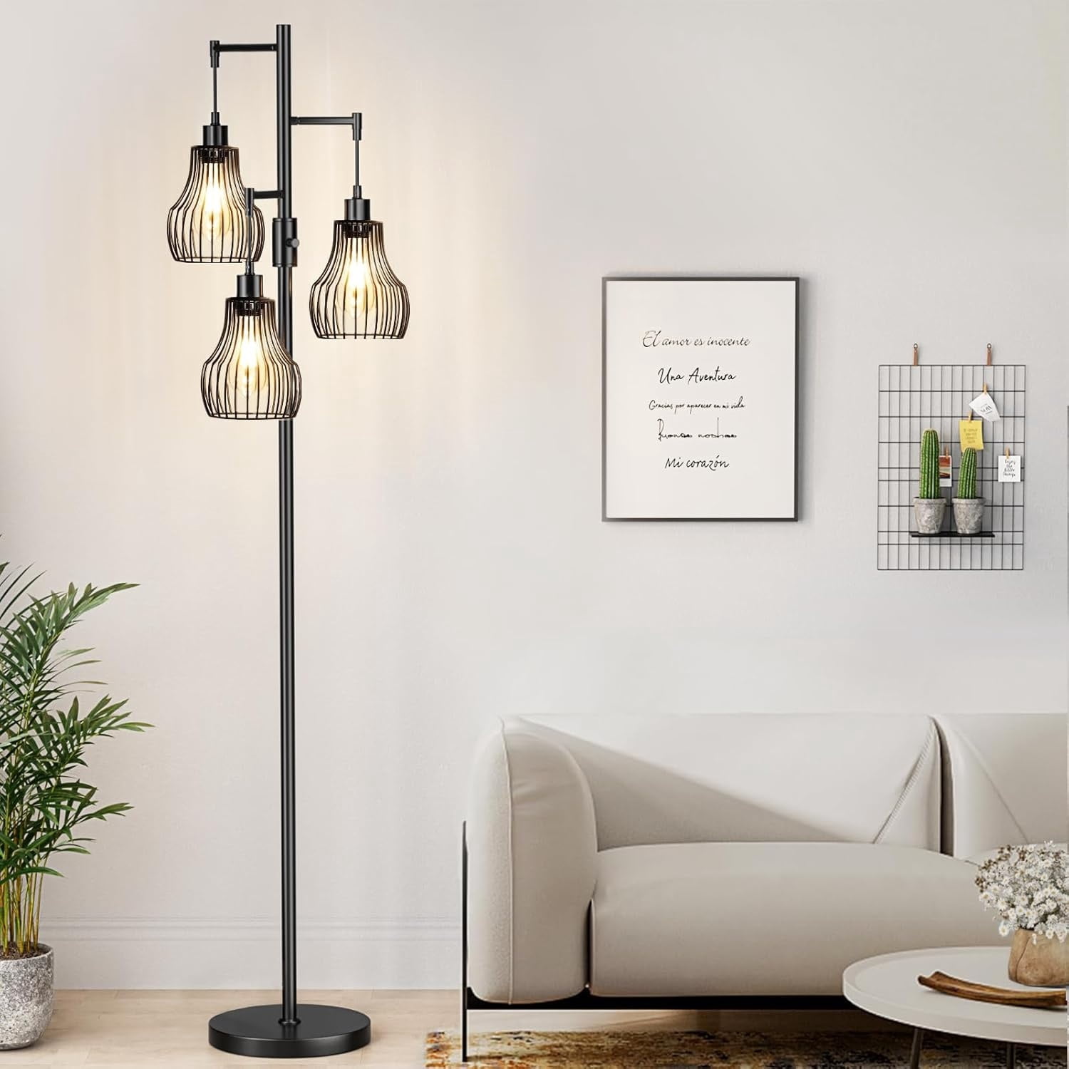 Floor Lamp, 3 x 800LM LED Edison Bulbs Included, Farmhouse Industrial Floor Lamp Standing Tree Lamp with Elegant Cage Tall Lamps for Living Room Bedroom Office - Black