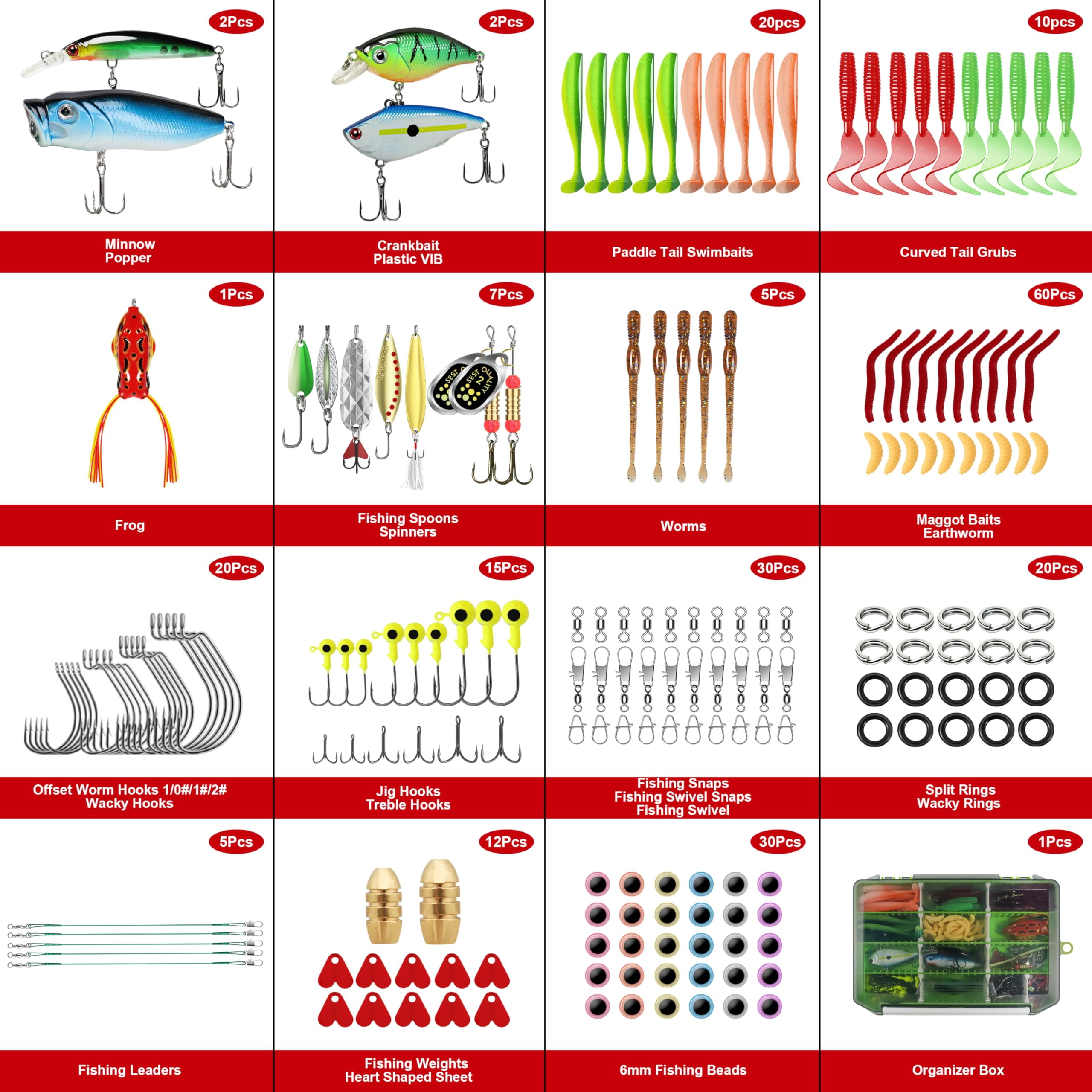 Fishing Lures Accessories Kit With Tackle Box  Hooks Minnow Crankbait Frog Popper Lure Worm Spoon Spinner Bait For Bass Crappie Gear Freshwater Equipment Gifts Men