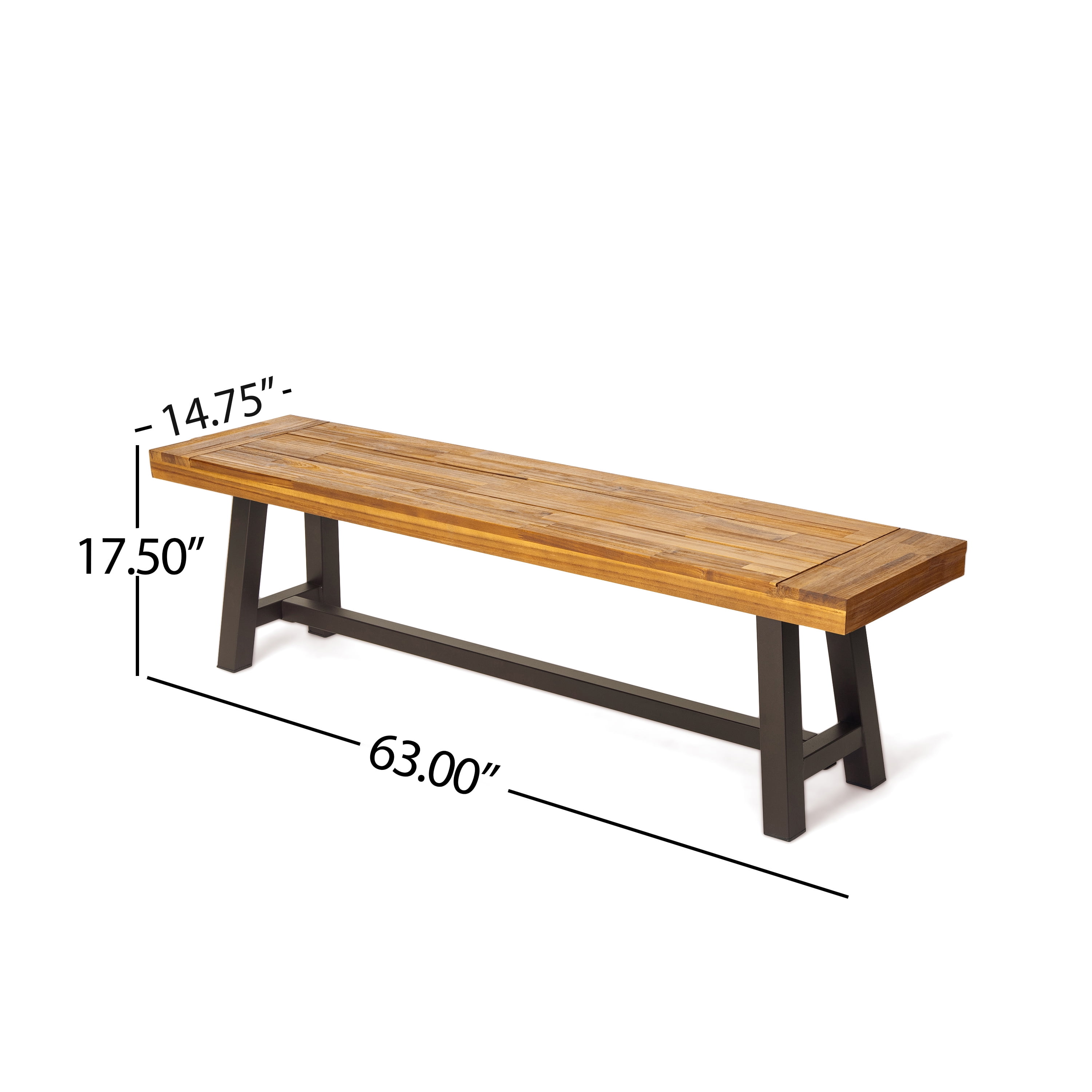 Outdoor Solid Wood Leisure Bench Set of 2, Sandblast Finished Acacia Wood Rest Seats for Patio Garden, Sandblasted Brown and Rustic Metal