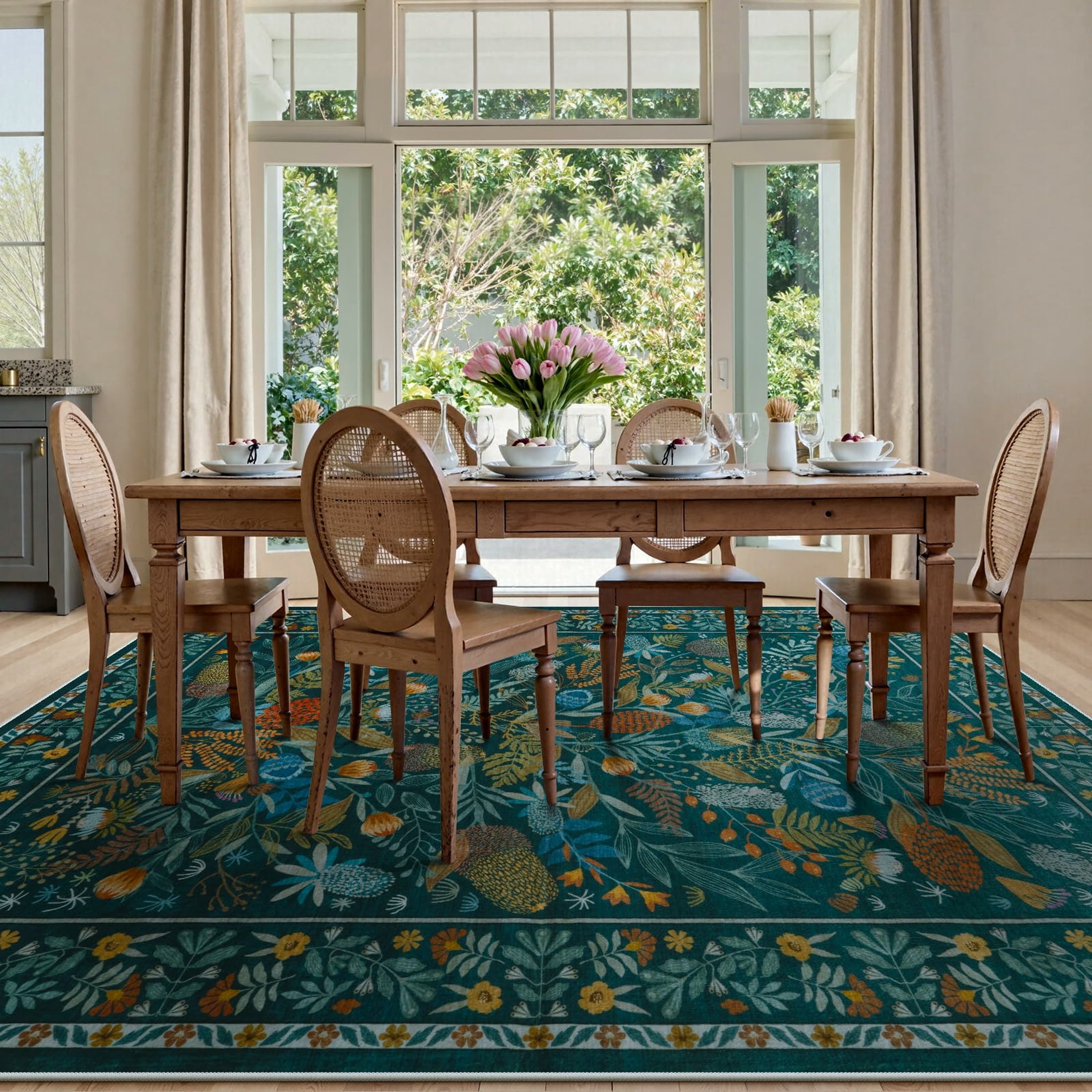 Moynesa Teal Large Area Rugs 8'x10', Botanical Floral Washable Rug for Living Room, Soft Rugs for Bedroom Non-Slip Ultra-Thin Modern Rug Dining Room Accent Carpet for Dorm Apartment