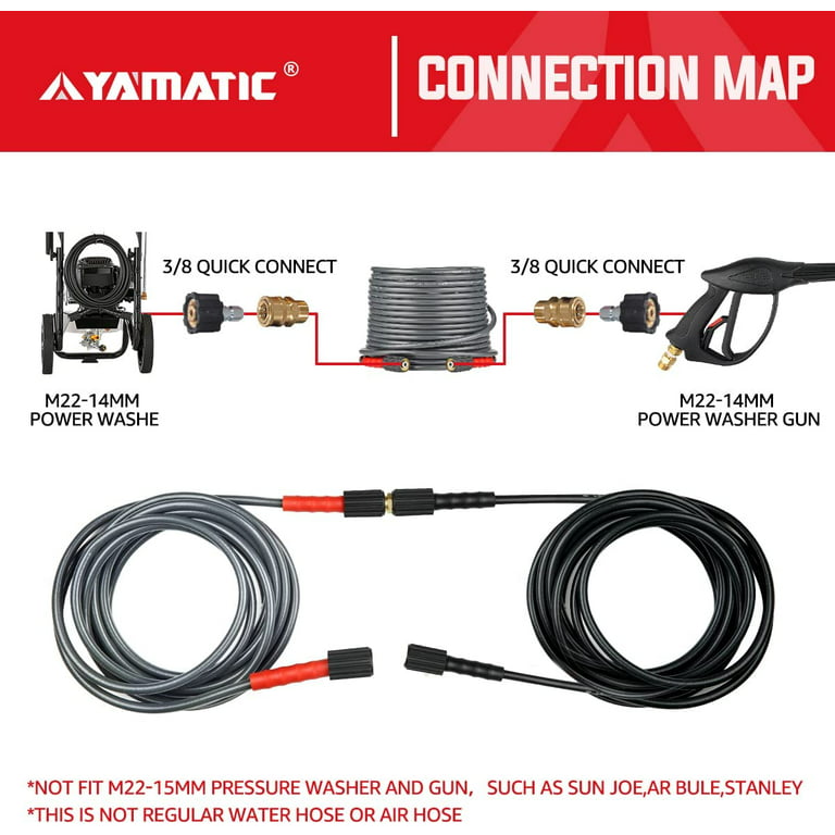 YAMATIC Super Flex Pressure Washer Hose 3200 PSI 50 ft x 1/4 inch, Heavy Duty M22-14mm x 3/8 inch Quick Connection, Kink Resistant 3050cc