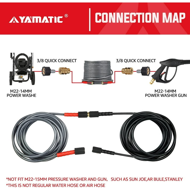 YAMATIC Super Flex Pressure Washer Hose 3200 PSI 50 ft x 1/4 inch, Heavy Duty M22-14mm x 3/8 inch Quick Connection, Kink Resistant 3050cc