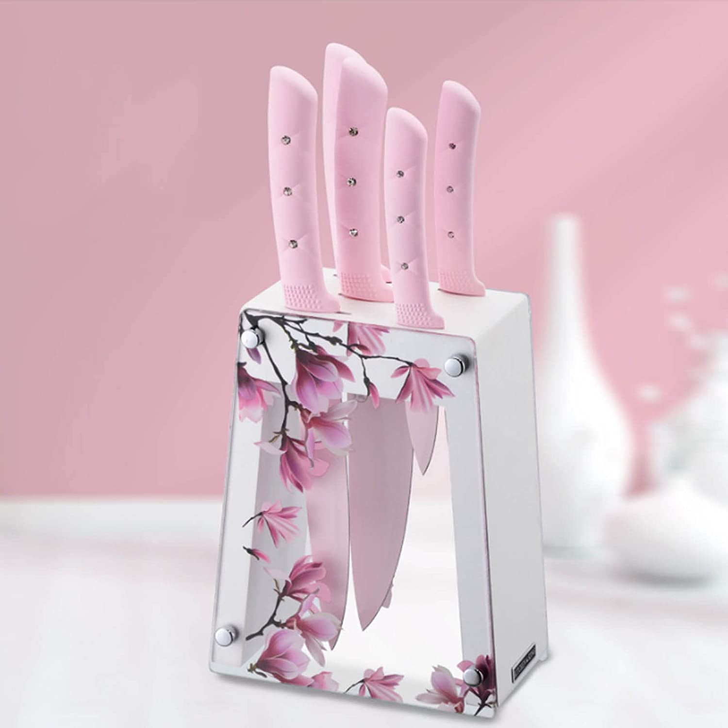 Styled Settings Pink Knife Set with Magnetic Knife Block - 6 PC