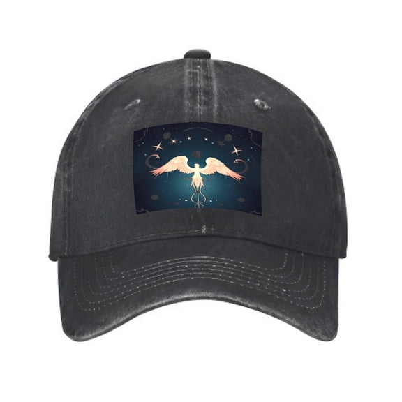 Vintage Cotton Washed Distressed Baseball Cap with Winged Figure Patch Ethereal Design Golf Dad Hat for Men & Women