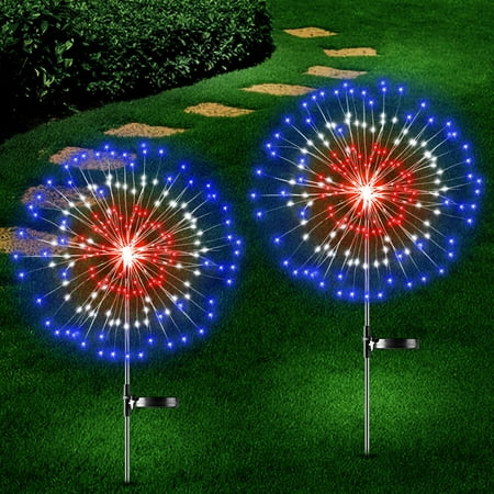 

4th of July Decorations Outdoor Solar Lights - 2 Pack Fourth of July Red White and Blue Lights - Patriotic Solar Firework Lights for Memorial Day 4th of July and Flag Day - Eco-friendly and Cost-eff