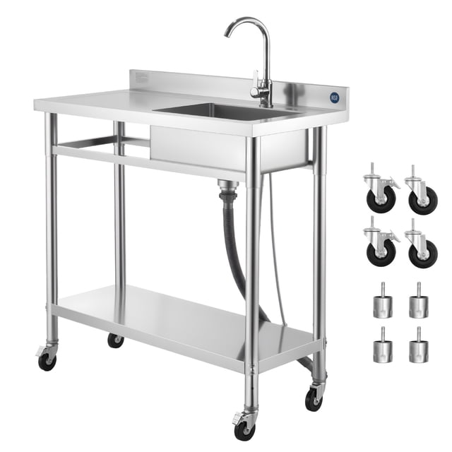 KFFKFF Évier Utilitaire en Acier Inoxydable, Évier de Cuisine Commercial à Bol Unique Roulant avec Roues, Robinet et Tuyau d'Eau Chaude et Froide, Établi de Bassin Utilitaire