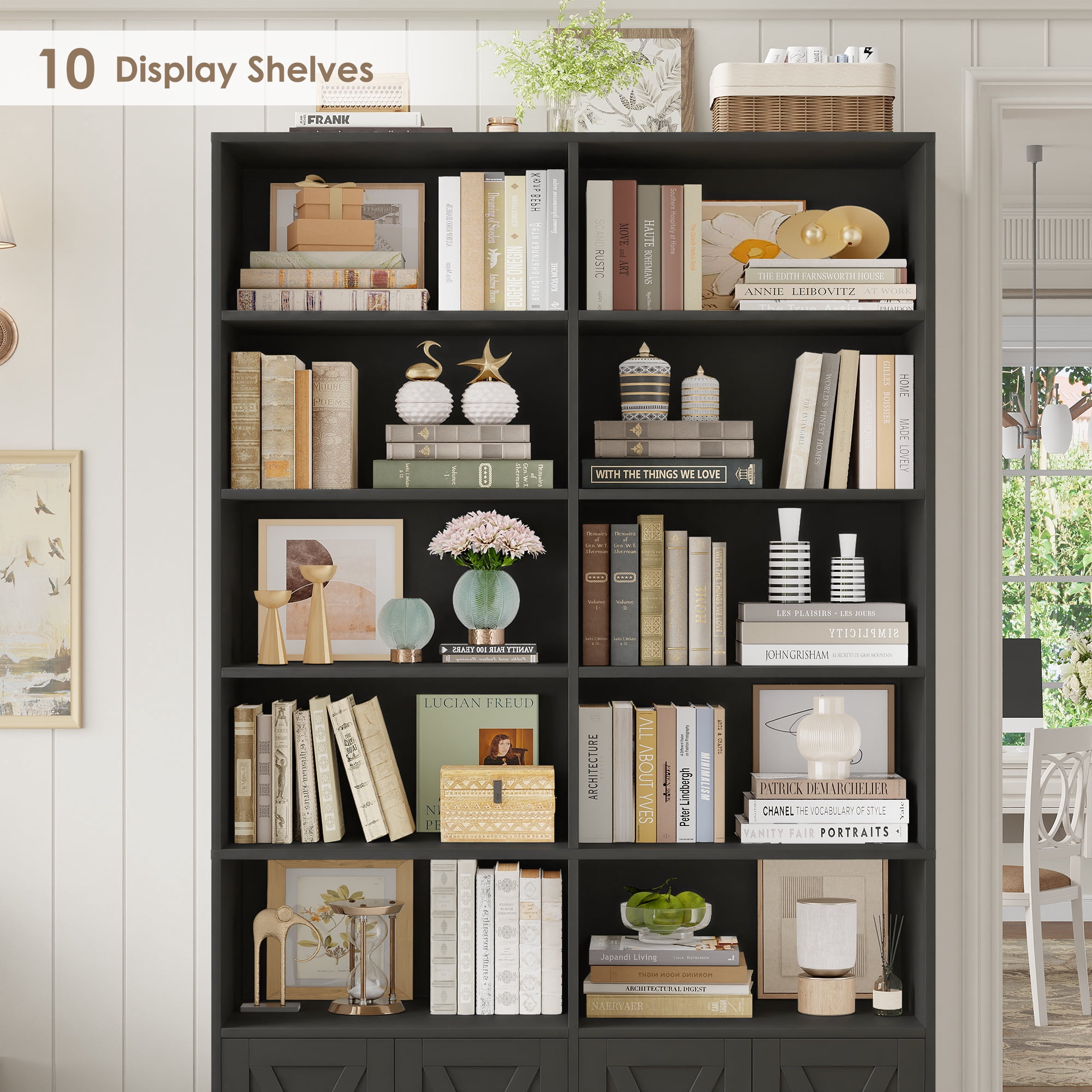 Hiphuta 78"H x 47"W Bookcase with Doors, Tall Bookshelves with Storage, 5-Tier Shelves Freestanding Display Bookcase for Home Office and Living Room, Black