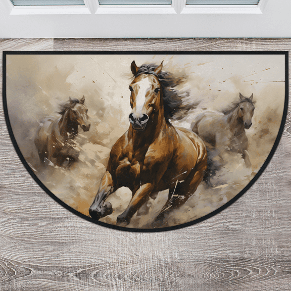CURLYOOT Horse Painting Half Round Door Mat 40'' x 63'', Indoor Outdoor Entrance Rug, Semi Circular Area Rug, Non Slip Washable Absorbent Doormat, Laundry Room Rug